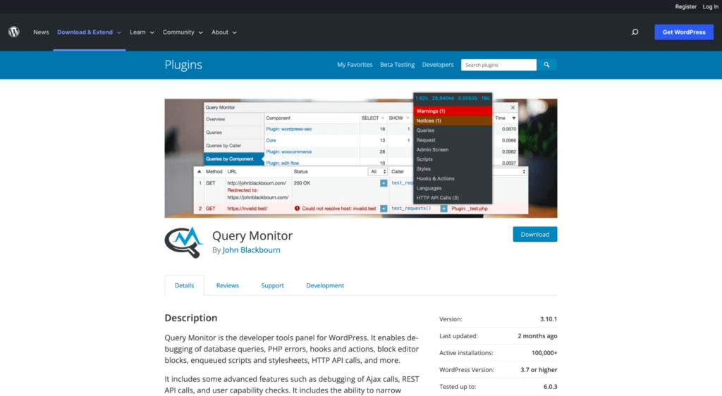 Query Monitor developer tool homepage