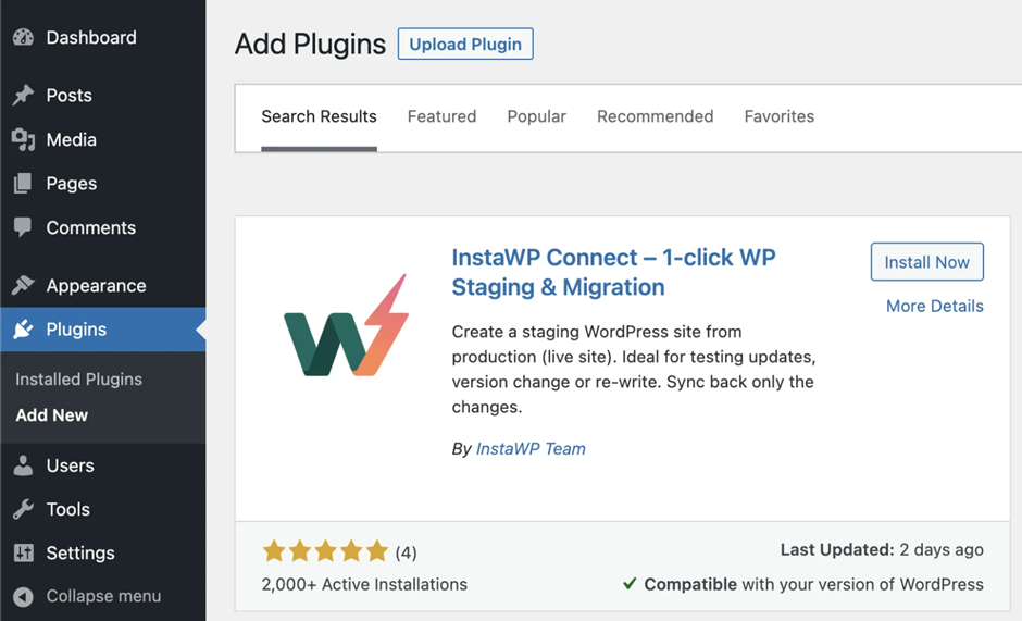 InstaWP Connect WordPress Staging Plugin