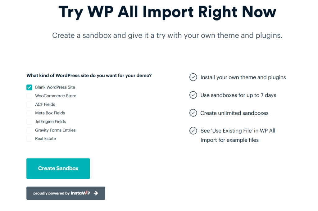 WP All Import demo, powered by InstaWP