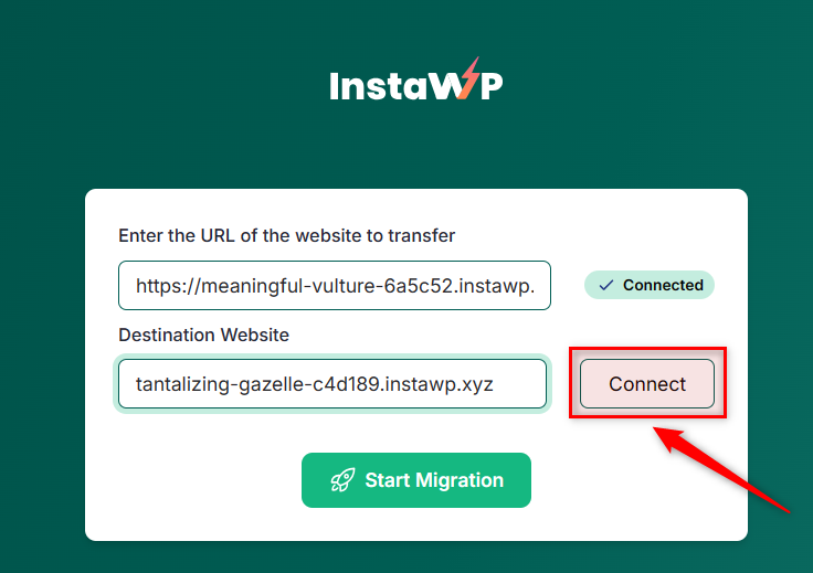 Option to connect the Destination URL to InstaWP Migrate