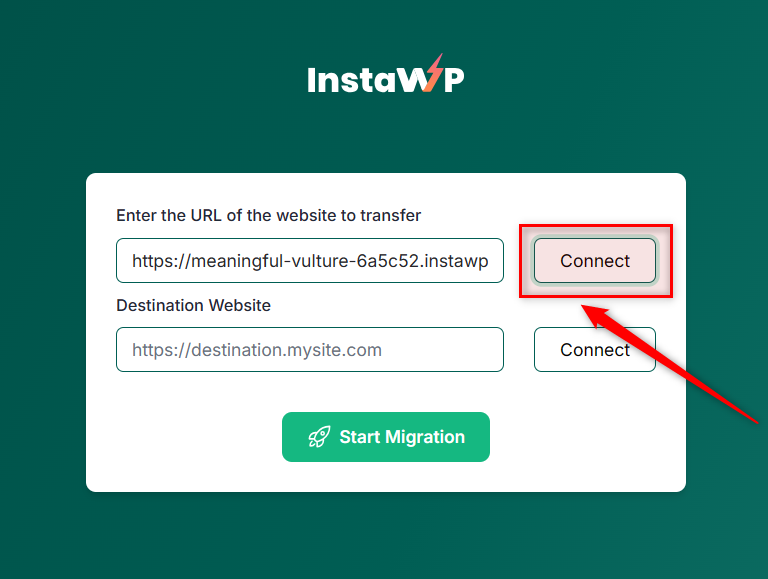  Option to connect the source URL to InstaWP Migrate